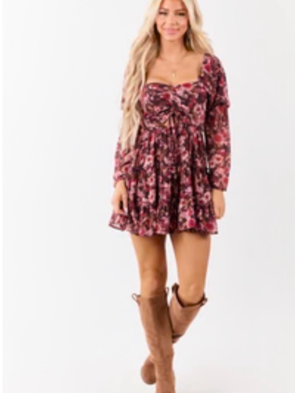 Le Lis Burgundy Floral Long-Sleeve Mini Dress